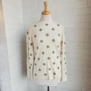 Talbots Tinsel Dot Holiday Sweater Cream Gold Dot Wool Blend Preppy Chic Sz M